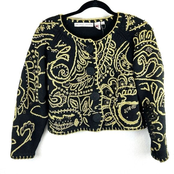 VTG Michael Simon Black Gold Regencycore Beaded Embroidered Cardigan Sweater  S - Picture 10 of 10